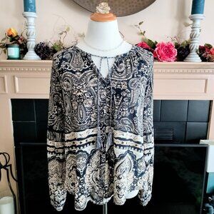 Lucky Brand Knit Peasant Top L Paisley Boho Lace Long Slvs Tassels Border Print
